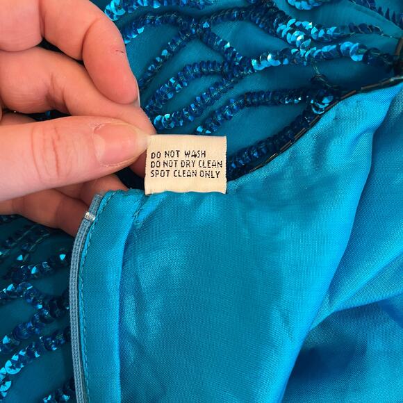 Vintage Laurence Kazar Sequin Sheath Dress L Silk Blue Beaded Party Costume 80s - Picture 10 of 16